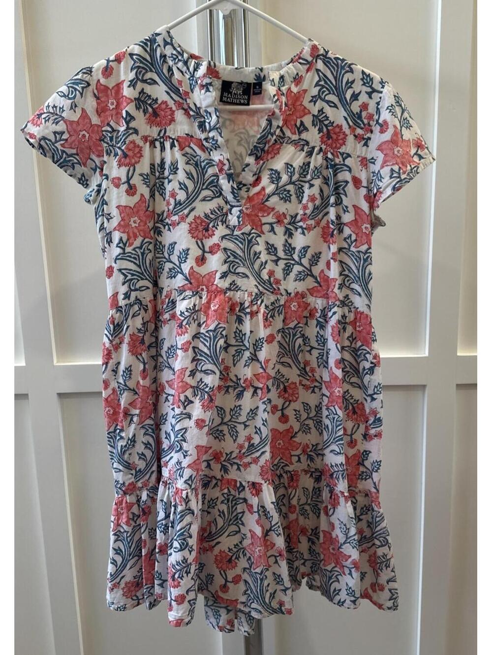 Madison Mathews Boho Botanical Floral Red White & Blue Tiered Mini Dress sz S